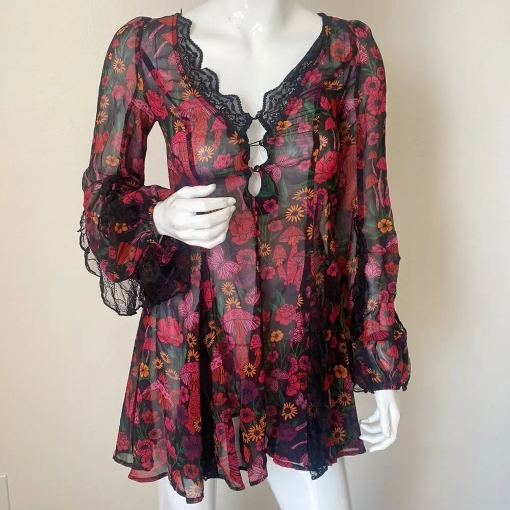 Dolls Kill Brand Current Mood Daydreamer Floral & Mushroom Print Mini Dress 🍄 - Picture 1 of 6